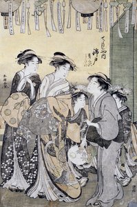 Courtisane Nishikido de la maison de thé Chojiya entourée de ses dames, fin du XVIIIe siècle, art ukiyo-e, par Katsukawa Shuncho (actif 1780-1800), (détail)