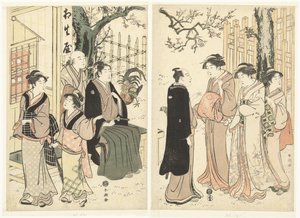 Dans le jardin de la maison de thé Aioiya - Katsukawa Shuncho