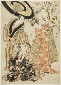 Les acteurs Iwai Hanshirô IV, Ichikawa Monnosuke II, et Sakata Hangorô III, dans "Snowflakes : Relever le niveau à Izu" ("Mutsu no Hana Izu no Hataage") - Katsukawa Shunkо̄