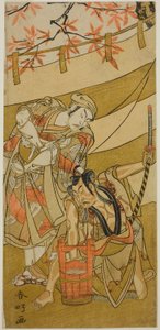 Les acteurs Ichikawa Raizo II dans le rôle de Kojiro Masahira (à droite) et Ichikawa Danzo IV dans le rôle de Doi no Yataro (à gauche), dans la pièce Kaomise Ama no Iwato, jouée au théâtre Nakamura le onzième mois de l