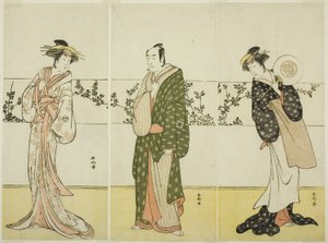 Les acteurs Osagawa Tsuneyo II (à droite), Ichikawa Monnosuke II (au centre) et Segawa Kikunojo III (à gauche), peut-être Misao Gozen, Matsuya Soshichi et la courtisane Kojoro de Hakata, dans la pièce Chiyo no Hajime Ondo no Seto (Les débuts de l