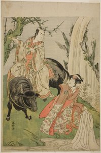 Les acteurs Segawa Kikunojo III dans le rôle de la princesse Hatsune (Hatsune Hime) (à droite), et Ichikawa Monnosuke II dans le rôle de Miyukinosuke Yukinari, dans la pièce Otokoyama Furisode Genji, jouée au théâtre Kiri le onzième mois de l
