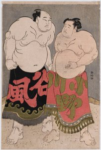 Portraits en pied des lutteurs Onogawa Kisaburo, à droite, et Tanizake Kajinosuke, à gauche - Katsukawa Shunko