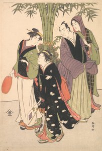 Acteurs de Kabuki Segawa Kikunojo III et Ichikawa Monnosuke II et deux courtisanes célébrant, vers 1790