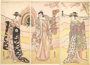 Trois acteurs en beaux costumes exécutant une danse religieuse - Katsukawa Shunsen