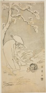 Un pèlerin priant toute la nuit pour Bouddha (kannenbutsu) est surpris par une tête fantomatique allongée sur le sol enneigé - Katsukawa Shunsho