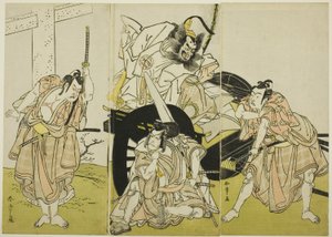 Les acteurs Nakajima Mihoemon II (Fujiwara no Shihei), Ichikawa Ebizô III (Matsuo-maru), Ichikawa Yaozô II (Sakura-maru) et Ichimura Uzaemon IX (Umeo-maru) dans "Sugawara