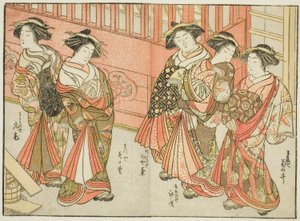 Cinq courtisanes de diverses maisons, du livre "Miroir des belles femmes des quartiers de plaisir," vol. 3
