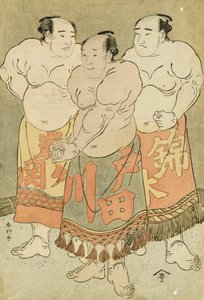 Portraits en Pied des Lutteurs Nishikigi, Todagawa et Iwagaseki se Présentant dans le Ring - Katsukawa Shunsho