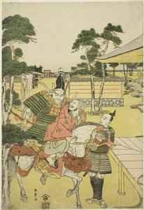 Musashibo Benkei amène le captif Tosabo Shoshun à Yoshitsune dans la pièce Horikawa Youchi no Zu Uki-e Nimaitsuzuki
