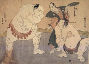 Onagawa Kisaburo et Tanikaze Kajinosuke exécutant le Shiriki dans le Dohyo, arbitrés par Kimura Shonosuke - Katsukawa Shunsho