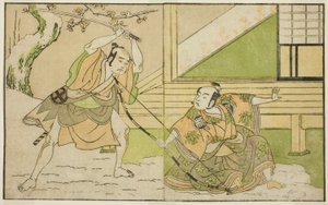 Les Acteurs Arashi Sangoro II en tant que Hojo Tokiyori (à droite), et Otani Hiroji III en tant que Koga Saburo (à gauche), dans la pièce Kono Hana Yotsugi no Hachi no Ki, jouée au Théâtre Ichimura en novembre 1771