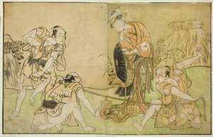 Les acteurs Bando Zenji I en Nagahashi Saburo, Iwai Hanshiro IV en Otatsu-gitsune, Nakamura Konozo en Hagai Ujitsune, et un acteur non identifié (de droite à gauche), dans la pièce Nue no Mori Ichiyo no Mato, jouée au théâtre Nakamura en novembre