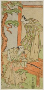 Les acteurs Ichikawa Danjuro V en tant que Momonoi Wakasanosuke (à droite), et Nakamura Nakazo I en tant que Kakogawa Honzo (à gauche), dans la pièce Kanadehon Chushingura, jouée au théâtre Nakamura en mai 1771