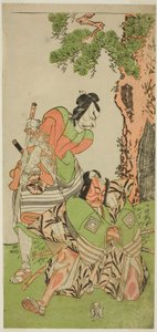 Les acteurs Ichikawa Danzo III comme I no Hayata Tadazumi (à droite), et Matsumoto Koshiro II comme Osada no Taro Kagemune déguisé en Yatsurugi Zaemon (à gauche), dans la pièce Nue no Mori Ichiyo no Mato, jouée au théâtre Nakamura en novembre 1770 - Katsukawa Shunsho