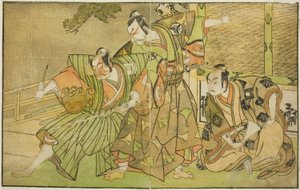 Les acteurs Ichikawa Komazo II comme Minamoto no Yorimasa (à droite), Matsumoto Koshiro II comme Osada no Taro Kagemune déguisé en Yatsurugi Zaemon (au centre), et Ichikawa Danzo III comme I no Hayata Tadazumi (à gauche), dans la pièce Nue no Mori Ichiyo n