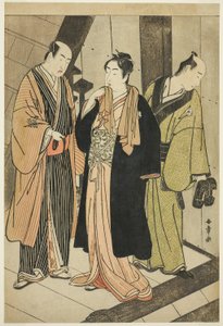 Les acteurs Ichikawa Monnosuke II (à gauche), Iwai Hanshiro IV (au centre), et Iwai Karumo (?) (à droite), sur un débarcadère en coulisses