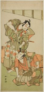 Les acteurs Ichikawa Yaozo II en tant que Konoshita Hyokichi (?) (à droite), et Sakata Hangoro II en tant que Matsunaga Daizen Hisahide (?) (à gauche), dans la pièce Gion Sairei Shinko Ki (?), jouée au théâtre Ichimura (?) au cinquième mois, 1775 (?) - Katsukawa Shunsho