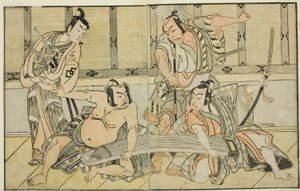 Les acteurs Ichikawa Yaozo II en Kujaku no Saburo, Matsumoto Koshiro II en Hata no Daizen Taketora, Nakajima Mihoemon II en Aramaki Mimishiro, et Nakamura Shocho I en Ki no Tsurayuki (de droite à gauche), dans la pièce Kuni no Hana Ono no Itsumoji, jouée à - Katsukawa Shunsho