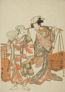 Les acteurs Ichimura Uzaemon IX en renard mâle déguisé en vendeur de saké Iseya (à gauche) et Nakamura Tomijuro I en renard femelle déguisé en vendeur de gâteaux de haricots Hyugaya, dans la séquence de danse "Myoto-zake Kawaranu Nakanaka" (Harmonie éterne - Katsukawa Shunsho