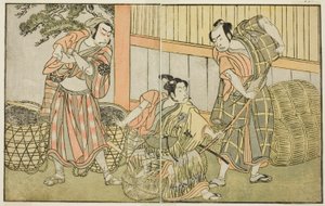 Les acteurs Kasaya Matakuro II comme Hagun Taro (à droite), Ichikawa Monnosuke II comme Izutsu no Suke Narihira (au centre), et Nakamura Nakazo I comme Kose no Kanaoka déguisé en Sogoro le charbonnier, dans la pièce Kuni no Hana Ono no Itsumoji, jouée au N
