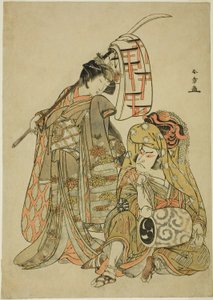 Les acteurs Nakamura Nakazo I en Onmaya Kisanda déguisé en Kakubei le danseur de lion (Kakubei-jishi) (à droite) et Segawa Kikunojo III en Shizuka Gozen (à gauche), dans la séquence de danse "Myoto-zake Kawaranu Nakanaka" (Harmonie éternelle de la coupe nu - Katsukawa Shunsho