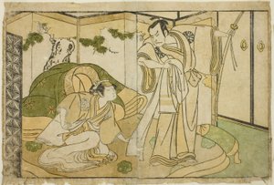 Les acteurs Nakamura Nakazo I en Taira no Kiyomori (à droite), et Yamashita Kinsaku II en Tokiwa Gozen (à gauche), dans la pièce Nue no Mori Ichiyo no Mato, jouée au théâtre Nakamura en novembre 1770