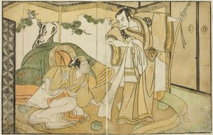 Les Acteurs Nakamura Nakazo I comme Taira no Kiyomori (droite), et Yamashita Kinsaku II comme Tokiwa Gozen (gauche), dans la pièce Nue no Mori Ichiyo no Mato, jouée au Théâtre Nakamura en novembre 1770