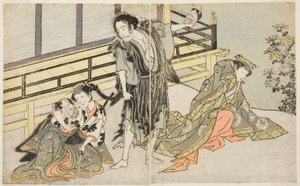 Les acteurs Nakamura Noshio I comme Nyosan no Miya (à droite), Ichikawa Danjuro V comme le moine renégat Yochin (au centre), et Yamashita Kinsaku II comme la servante Mutsuhana (à gauche), dans la pièce Fuki Kaete Tsuki mo Yoshiwara, jouée au théâtre Morit