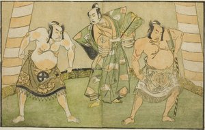 Les Acteurs Nakamura Sukegoro II comme Matano no Goro (droite), Onoe Kikugoro I comme Soga no Taro (centre), et Otani Hiroji III comme Kawazu no Saburo (gauche), dans la pièce Myoto-giku Izu no Kisewata, jouée au Théâtre Ichimura en novembre 1770 - Katsukawa Shunsho
