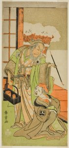Les acteurs Nakamura Utaemon I en Karashi Baba (à droite) et Ichikawa Danjuro IV en Sanshodayu (à gauche), dans la pièce Kawaranu Hanasakae Hachi no Ki, jouée au théâtre Nakamura en novembre 1769