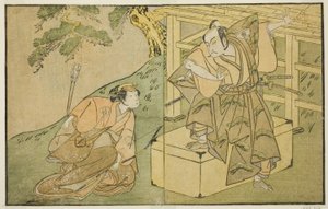 Les acteurs Onoe Matsusuke I en Akaboshi Taro (à droite), et Azuma Tozo II en Shirotae (à gauche), dans la pièce Kono Hana Yotsugi no Hachi no Ki, jouée au théâtre Ichimura en novembre 1771