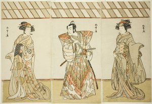 Les acteurs Onoe Tamizo I comme Nishikigi (?) ou Otae (?) (droite), Ichikawa Danjuro V comme Miura Heidayu Kunitae (?) (centre), et Osagawa Tsuneyo II comme Oyuki (?) (gauche), dans la pièce Date Nishiki Tsui no Yumitori (?), jouée au théâtre Morita (?) à  - Katsukawa Shunsho