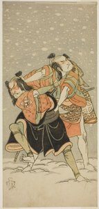 Les Acteurs Otani Hiroji III en Kameo (à droite), et Sakata Sajuro I en Ario (à gauche), dans la pièce Hime Komatsu Ne no Hi Asobi, jouée au Théâtre Ichimura en septembre 1768 - Katsukawa Shunsho