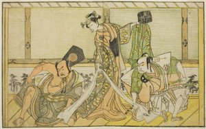 Les Acteurs Otani Hiroji III en Kawazu no Saburo (à droite), Segawa Kikunojo II en Princesse Tatsu (Tatsu Hime) (au centre), et Nakamura Sukegoro II en Matano no Goro (à gauche), dans la pièce Myoto-giku Izu no Kisewata, jouée au Théâtre Ichimura en onzièm