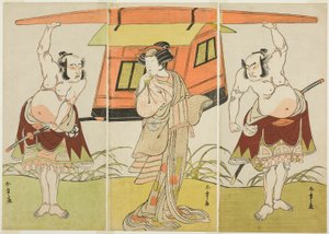 Les acteurs Otani Hiroji III comme Yokambei (à droite), Nakamura Tomijuro I comme Kuzunoha (au centre), et Bando Mitsugoro I comme Yakambei (à gauche), dans la dernière scène de la pièce Shinodazuma (La femme de la forêt de Shinoda), jouée en supplément de - Katsukawa Shunsho