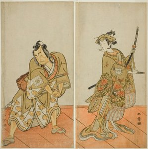 Les acteurs Segawa Kikunojo III comme Aigo no Waka (droite), et Ichikawa Yaozo II comme Hachio-maru Aratora (gauche), dans la pièce Chigo Sakura Jusan Kane, jouée au théâtre Ichimura en novembre 1774 - Katsukawa Shunsho