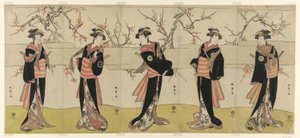 Les acteurs Segawa Kikunojo III en Karigane Obun, Nakayama Tomisaburo I en An no Oyasu, Iwai Kiyotaro II en Kaminari no Osha, Nakayama Tatezo I en Gokuin no Osen, et Ichikawa Monnosuke II en Hotei no Oichi (de droite à gauche), dans "Gonin Onna," scène une - Katsukawa Shunsho