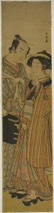 Les acteurs Segawa Kikunojo III en Okoma (à droite), et Arashi Sangoro III en coiffeur Obana Saizaburo (à gauche), dans la pièce Koi Musume Mukashi Hachijo, jouée au théâtre Nakamura en mars 1776
