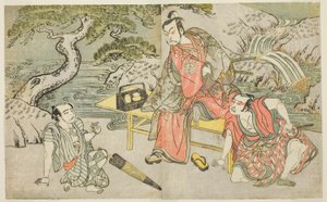Les acteurs Tomizawa Hanzaburo II comme Nagoya Sanzaemon (souvent appelé Sanza) (à droite), Nakamura Juzo II comme Fuwa Banzaemon (au centre), et un acteur non identifié comme le pickpocket Matsumoto Daishichi (à gauche), dans la pièce Fuki Kaete Tsuki mo 