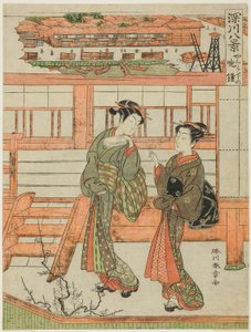 Yagurashita no Bansho (Cloche du soir à Yagurashita), courtisane et son assistante au quartier de plaisir non autorisé de Yagurashita à Fukagawa, de la série "Fukagawa Hakkei (Huit vues de Fukagawa)"