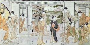 Jeunes femmes avec un panier de chrysanthèmes - Katsukawa Shunsho
