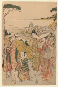 Une compagnie de pèlerins de Yedo devant une maison de thé sur les collines derrière la plage de Futami admirant la vue, 1795 - Katsukawa Shunzan
