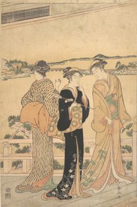 Trois femmes sur une véranda surplombant une baie - Katsukawa Shunzan