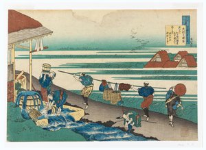 Dainagon Tsunenobu (Travailleurs, au bord de la mer, teignant des tissus), de Hyakunin isshu ubaga etoki (Cent poèmes expliqués par la nourrice) - Katsushika Hokusai