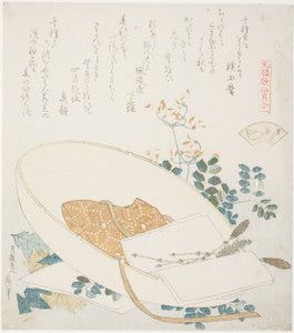 Fleurs fraîchement cueillies dans un chapeau de voyageur, illustration pour La Coquille aux mille herbes (Chigusagai), de la série "Un jeu d