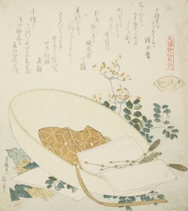 Fleurs fraîchement cueillies dans un chapeau de voyageur, illustration pour La Coquille aux mille herbes - Katsushika Hokusai