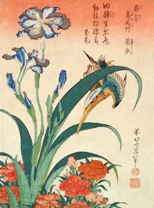 Martin-pêcheur, iris et œillets, pub. par Nishimura Eijudo, vers 1832, une série de dix estampes - Katsushika Hokusai