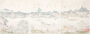 Salle Komagata et rive de la rivière O-umaya, de la série "Une sélection de chevaux" - Katsushika Hokusai