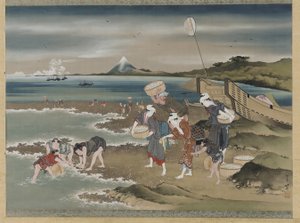 Paysage : ramasseurs de palourdes sur le rivage (encre et couleur sur soie)